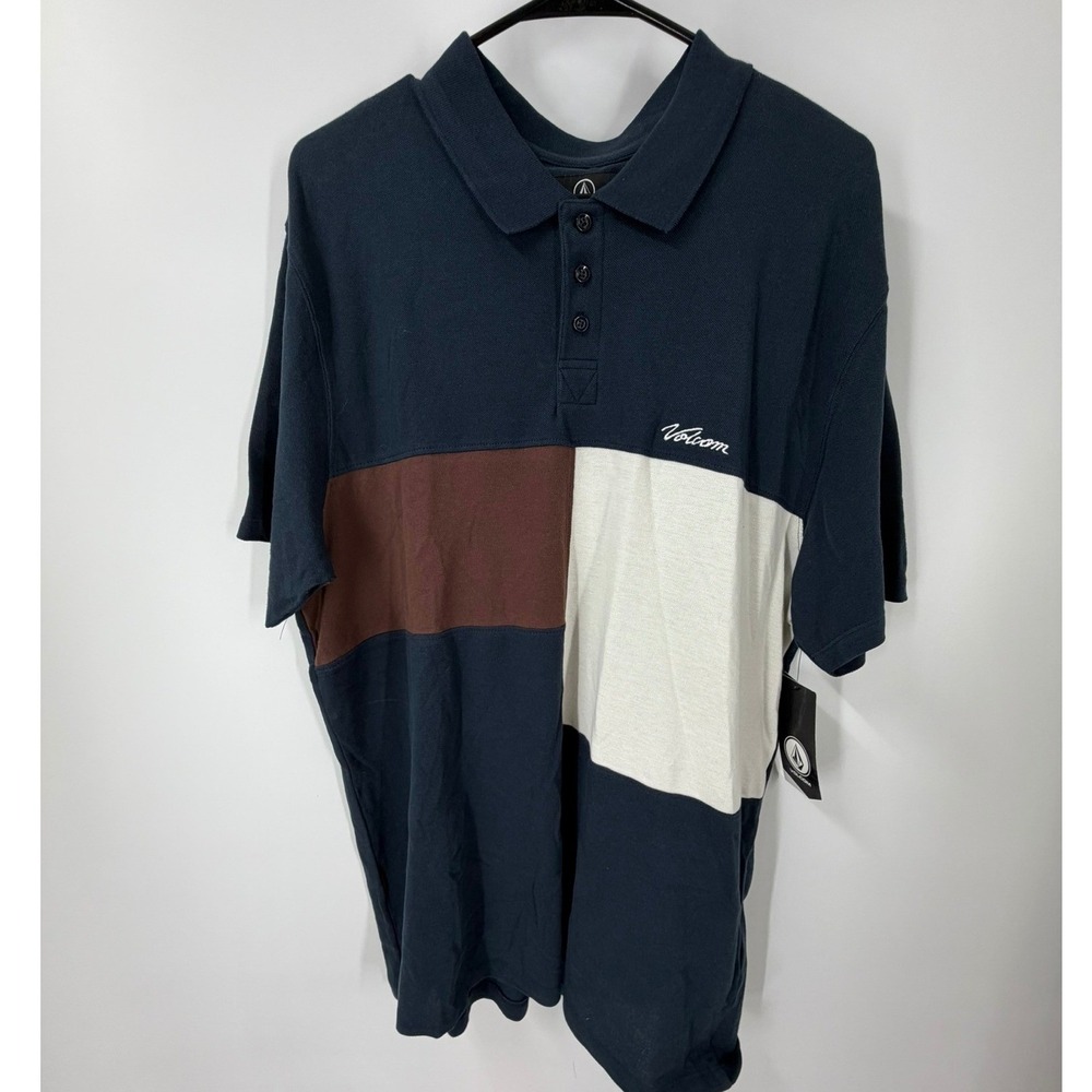 Volcom Mens Stoney Baloney Polo Short Sleeve Navy Colorblock Cotton Shirt XL New